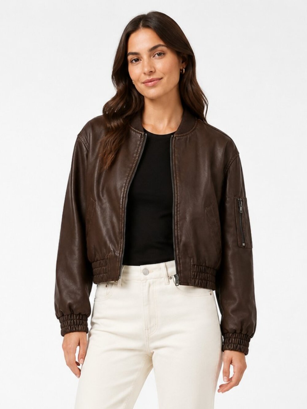 Haute Monde Dark Brown Faux Leather Cropped Bomber Jacket Women’s M